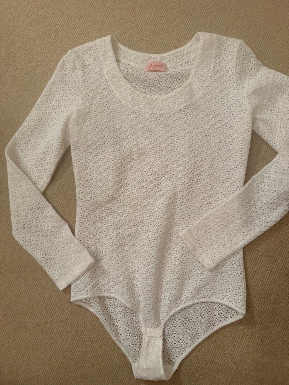 FOGAL White Crochet Long-Sleeve Bodysuit Top Cotton L